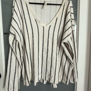 Elegant Black and Cream Striped V-Neck Blouse